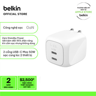  Củ sạc nhanh Belkin 50W - 2 Cổng chuẩn GaN 2 x USB-C PD PPS Nhỏ gọn An toàn chuẩn sạc nhanh 