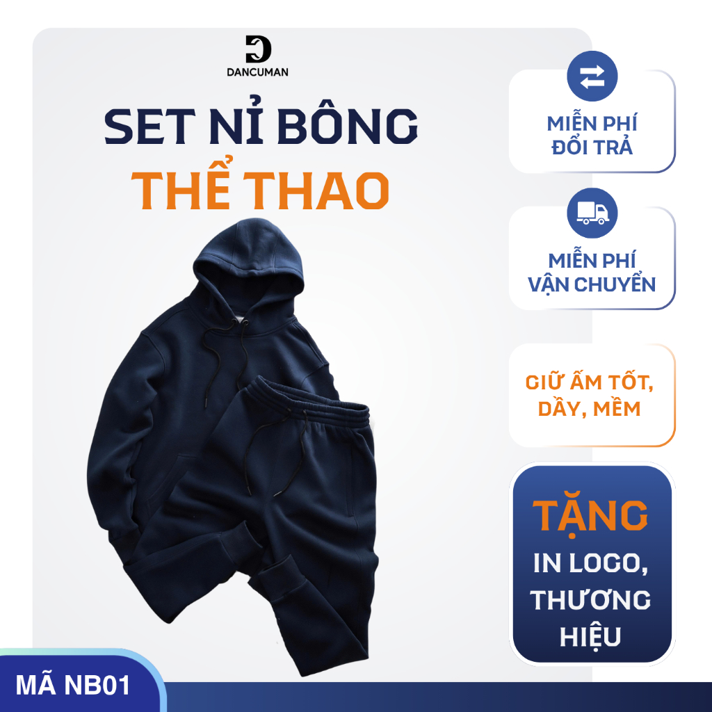 Set Đồ Nỉ Bông Hoodie DANCUMAN NB01, Vải Nhập Khẩu, Co Giản Tốt, Bền Màu