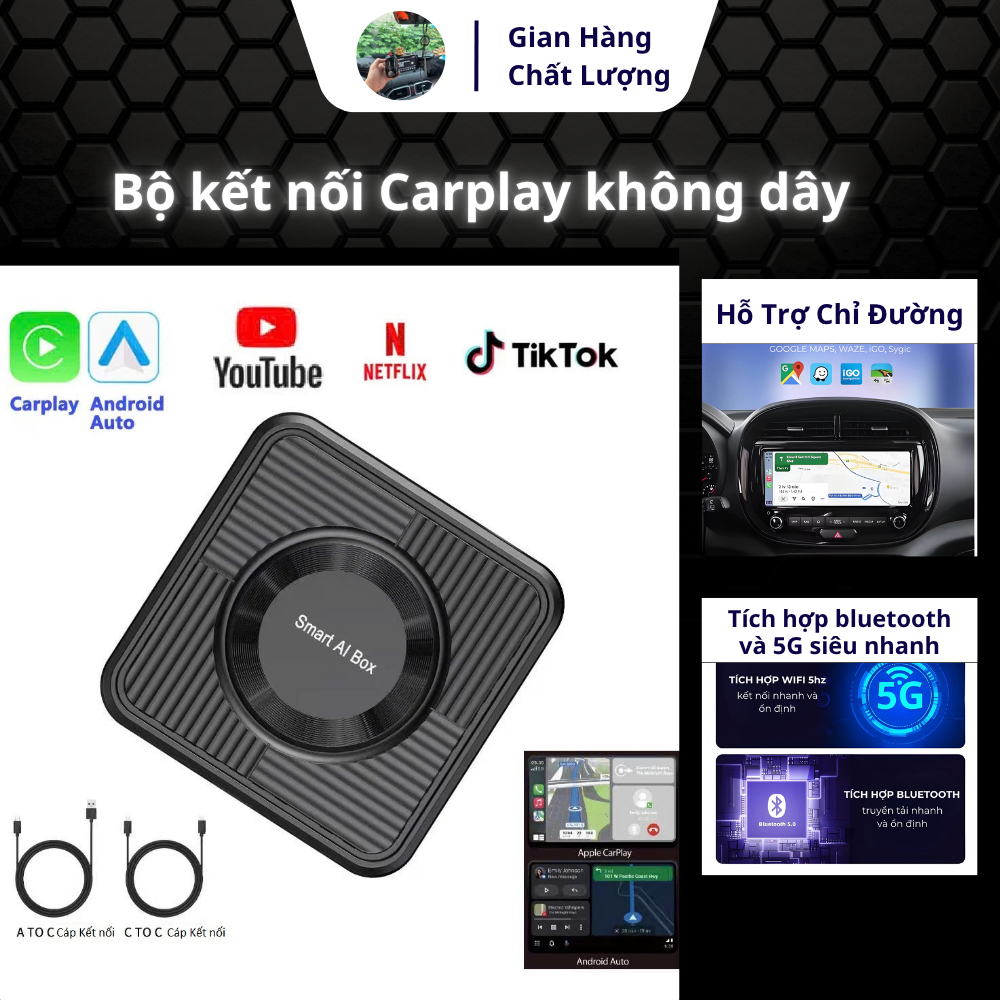 Mở YOUTUBE trên Ô Tô có Carplay không dây  Apple Carplay & Android Auto, WIFI6+Bluetooth 5.4