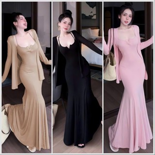  Set Đầm Hai Dây Dáng Dài Xoè Đuôi Cá Ôm Body Đính Nút Ngực Kèm Áo Khoác Tay Dài Thun Gân Tăm Mềm Mại_Váy Tiệc Đầm Xinh 