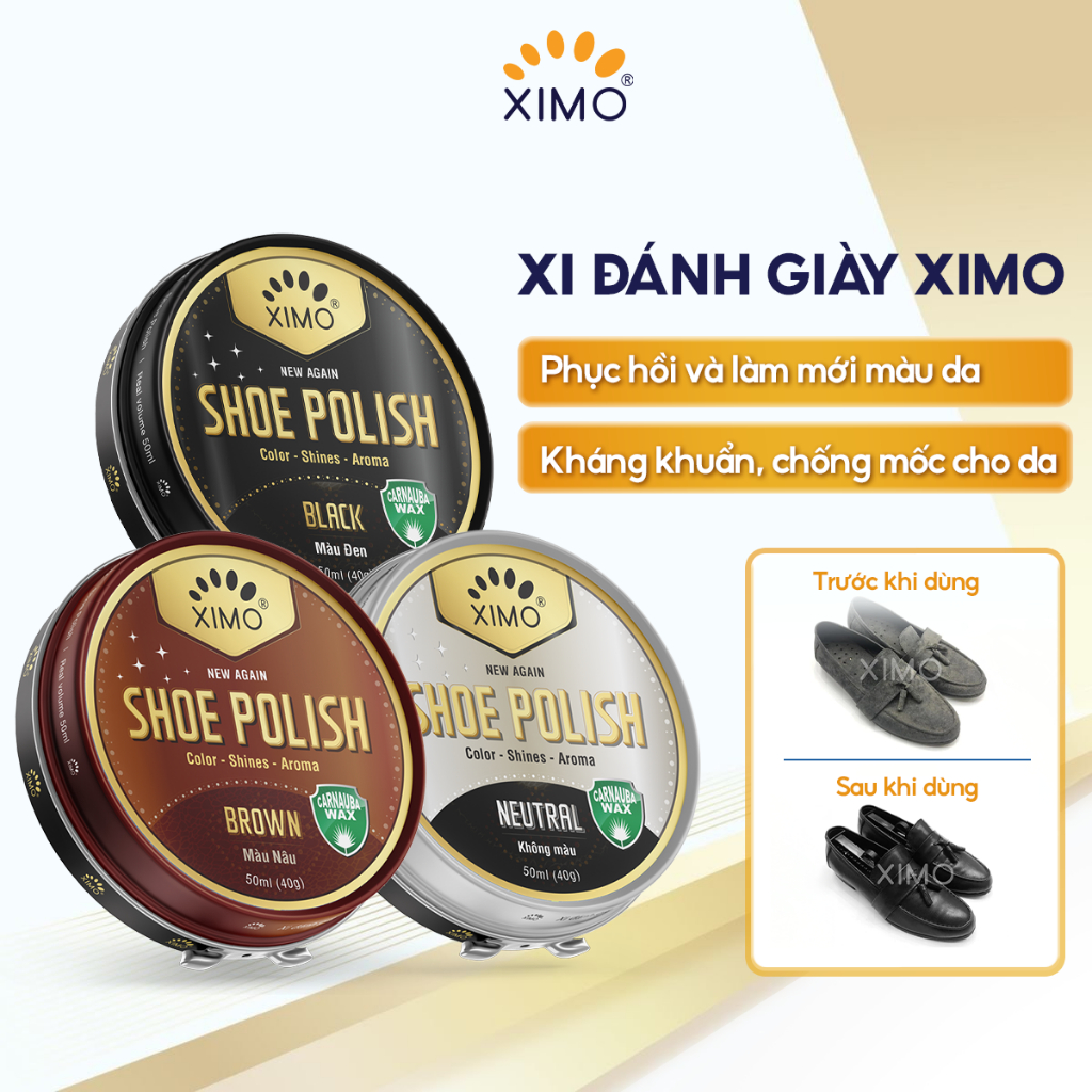Xi đánh giày XIMO Shoe Polish dạng sáp, Làm bóng, Không màu, Màu đen, Màu nâu cho đồ da XXI08 50ml