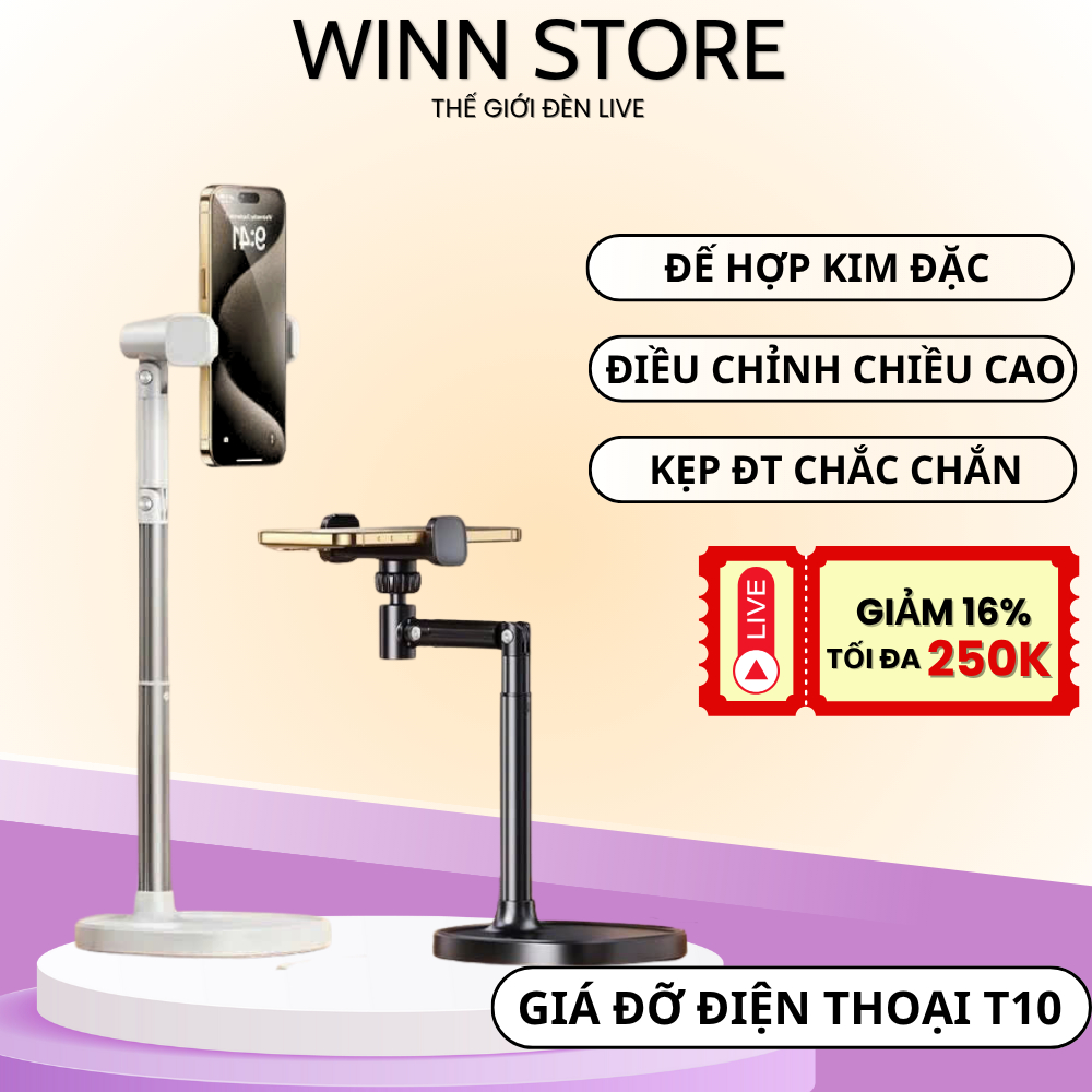 Giá đỡ điện thoại T10, kẹp điện thoại livestream quay video review sản phẩm xem phim quay 360 tùy ch
