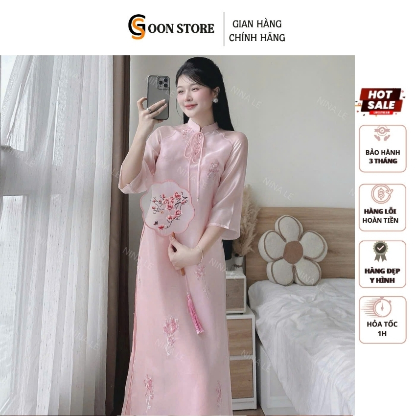 Set áo dài cách tân nữ thêu hoa chất lụa nhẹ nhàng 2 màu Goon Store