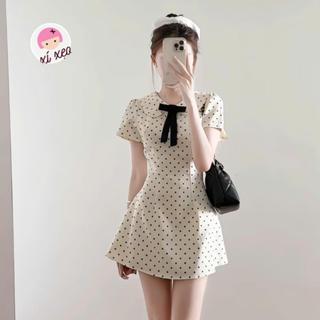  Váy chấm bi XIXEOSHOP cổ sen đính nơ họa tiết chiết eo nhẹ nhàng dáng xòe - V26 