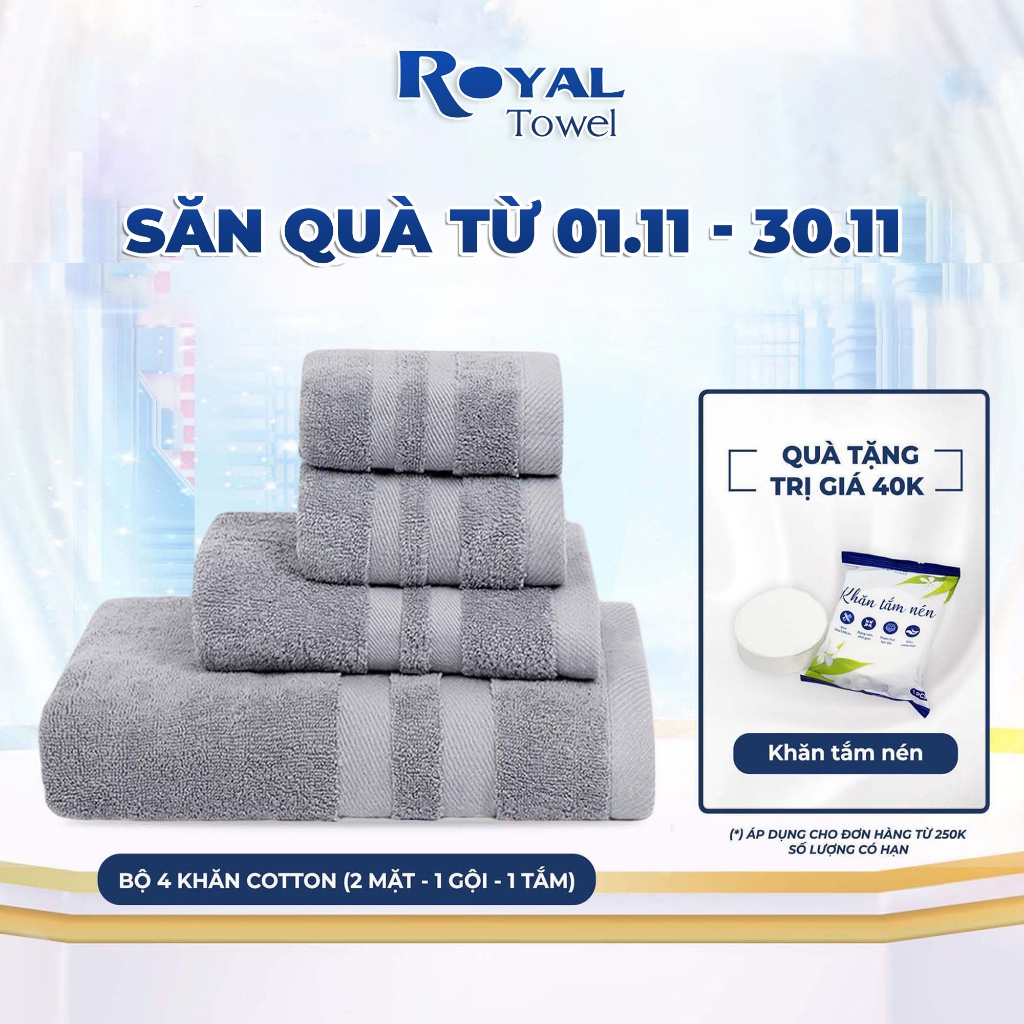 Combo 4 “Đủ Đầy” Gồm 2 Khăn Mặt – 1 Khăn Gội- 1 Khăn Tắm ROYAL TOWEL 100% Cotton Thấm Hút, Không Đổ Lông, Không Phai Màu