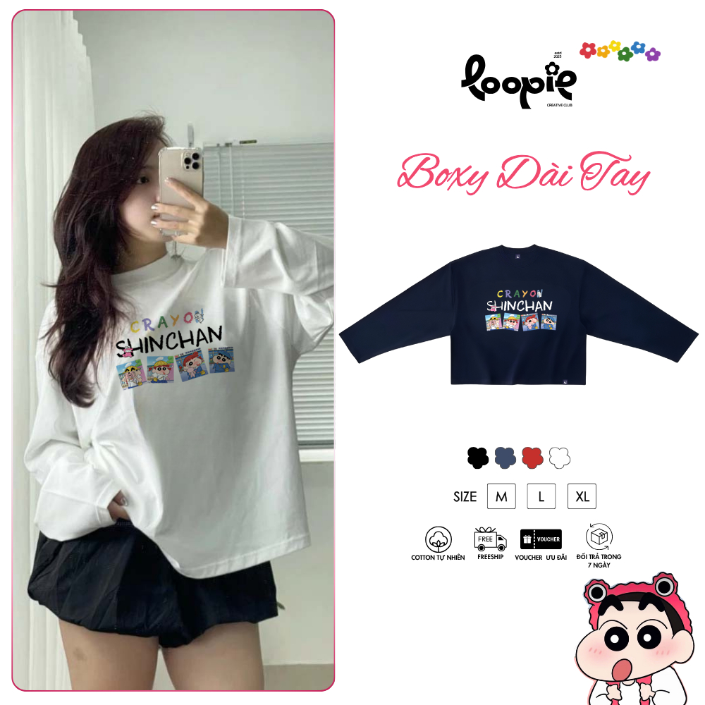 Áo Boxy Dài Tay LOOPIE CLUB BST84 Shin Crayon - Cotton 4 Chiều Mát Lạnh Che Nắng Mặc Hàng Ngày