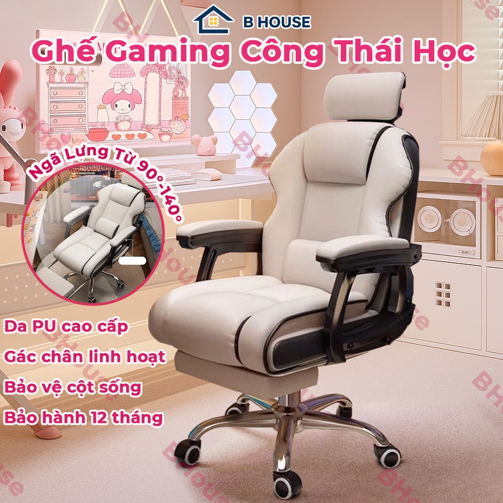 Ghế Gaming Cao Cấp B HOUSE – Kèm Gác Chân, Ngả 140°, Tựa Đầu Nâng Hạ, Da PU Mềm, Hỗ Trợ Cột Sống & G