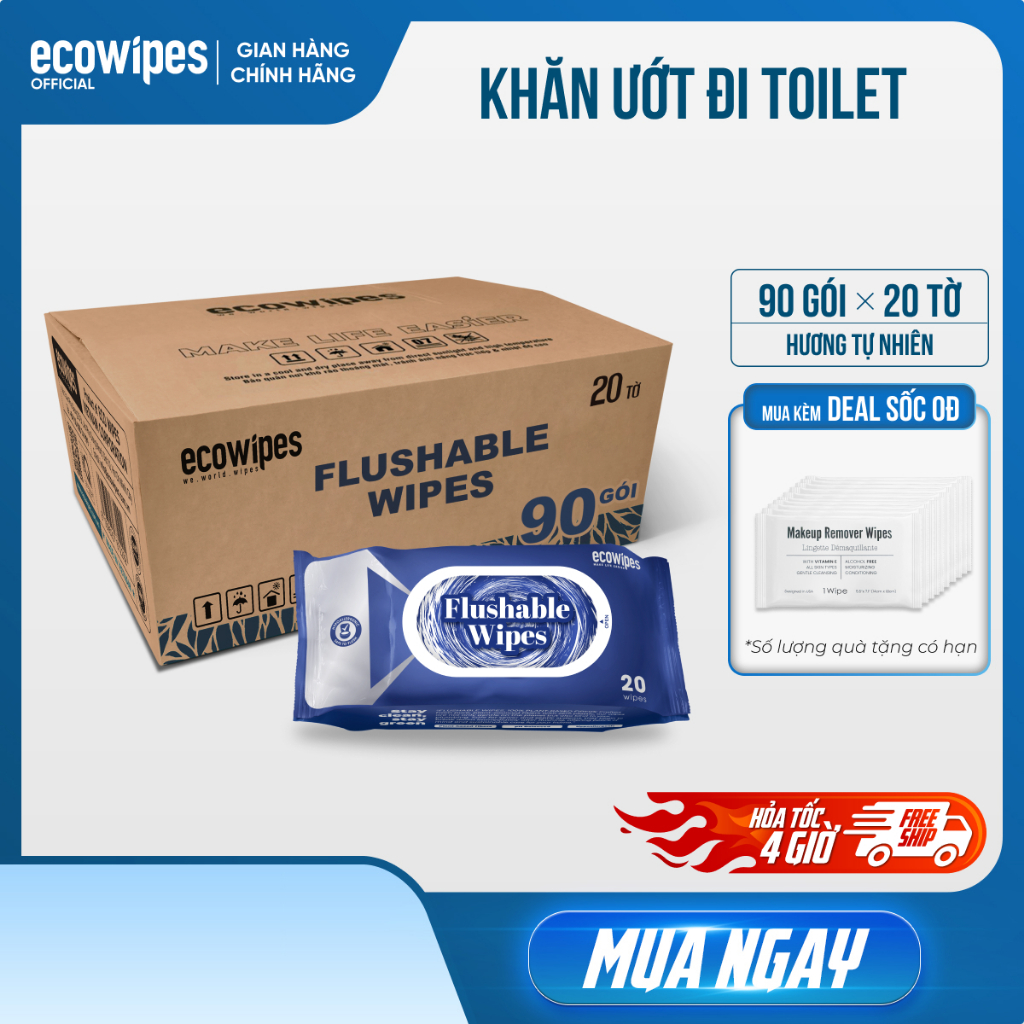 FREESHIP 0Đ_Khăn ướt đi toilet có thể xả trong bồn cầu - Flushable EcoWipes (90 gói x 20 tờ)