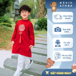 Áo Dài Bé Trai Ốp Ngực Đỏ May Mắn, Áo Dài Tết Cho Bé Trai Cổ Đứng Sang Trọng, Vải Đẹp Mềm Mịn
