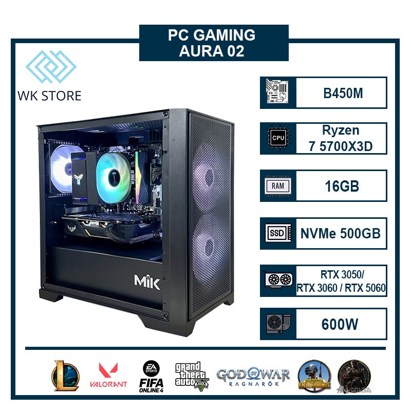 Thùng PC AURA 02 | Ryzen 7 5700x3D, 16GB Ram | VGA RTX 3050/ RTX 3060/ RTX 5060 Mới BH 36T