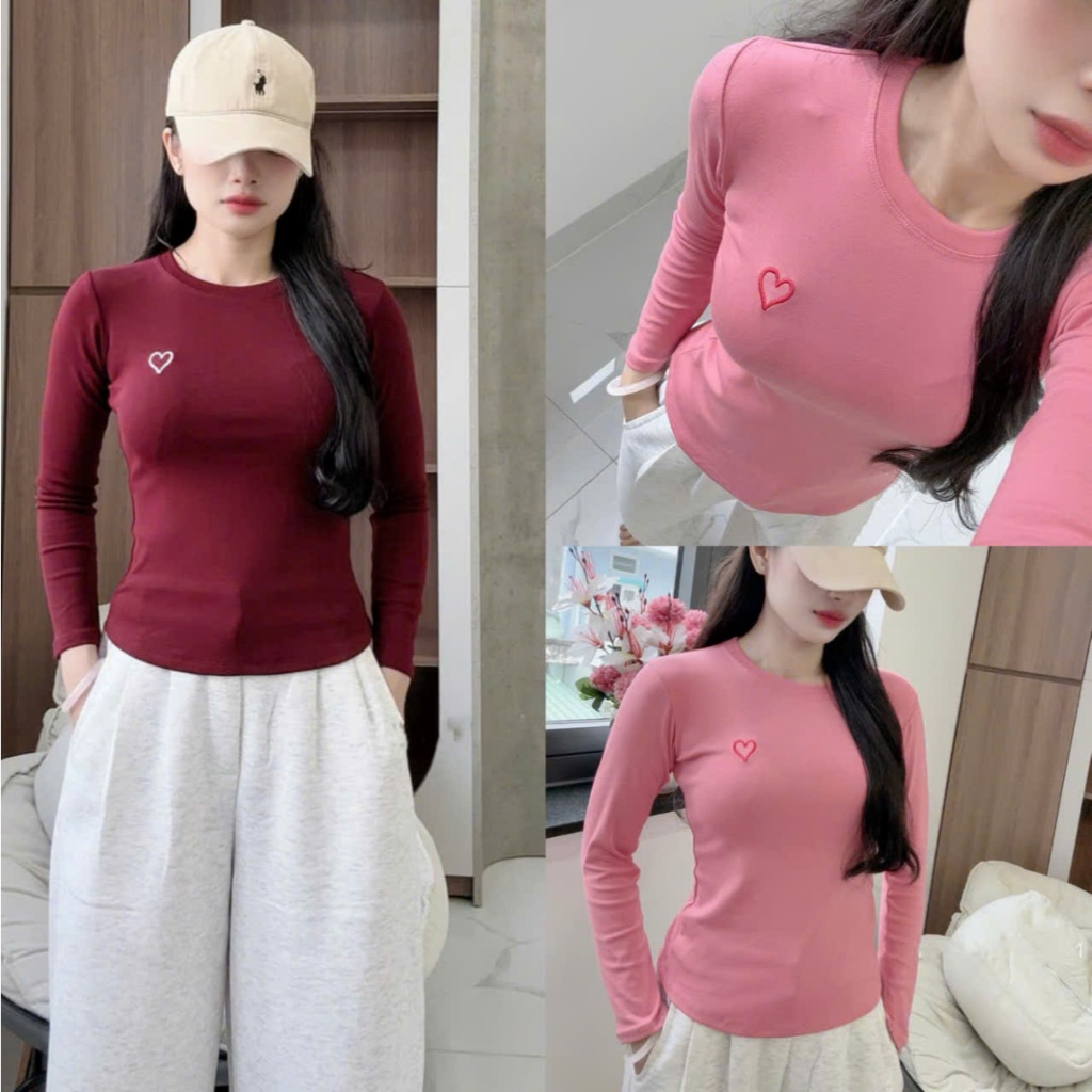 Áo thun DOGA ôm body cao cấp tôn eo tay dài Thêu Trái Tim chất COTTON BORIP mềm mịn mát M208 | BigBuy360 - bigbuy360.vn
