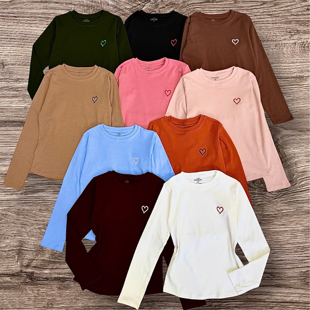 Áo thun DOGA ôm body cao cấp tôn eo tay dài Thêu Trái Tim chất COTTON BORIP mềm mịn mát M208 | BigBuy360 - bigbuy360.vn