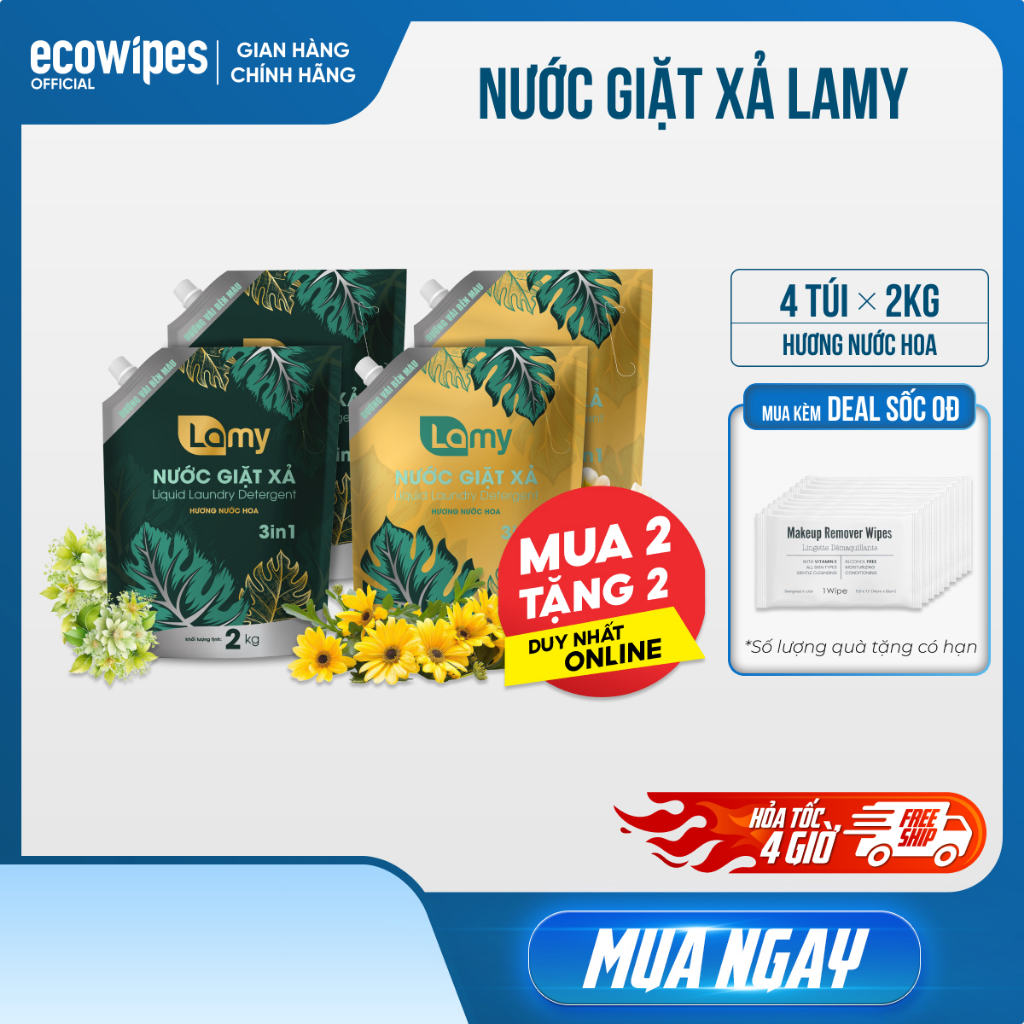 [MUA 2 TẶNG 2] Combo 02 Túi Nước Giặt Xả Lamy Túi 2KG Hương Nước Hoa Thơm Lâu 48H 3IN1 (4 TÚI)