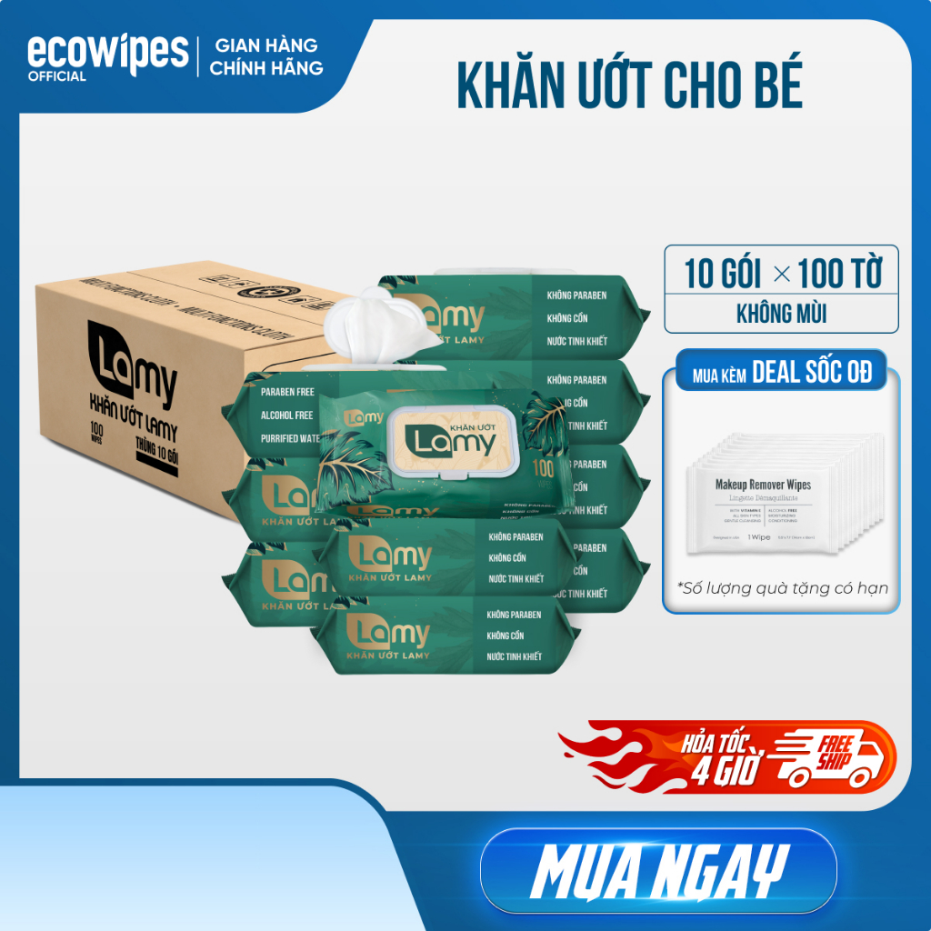 [HỎA TỐC HN-TPHCM] Thùng 10 Gói Khăn Ướt Cho Bé Lamy 100 Tờ Không Mùi Cao Cấp Gói Lớn Siêu Tiết Kiệm