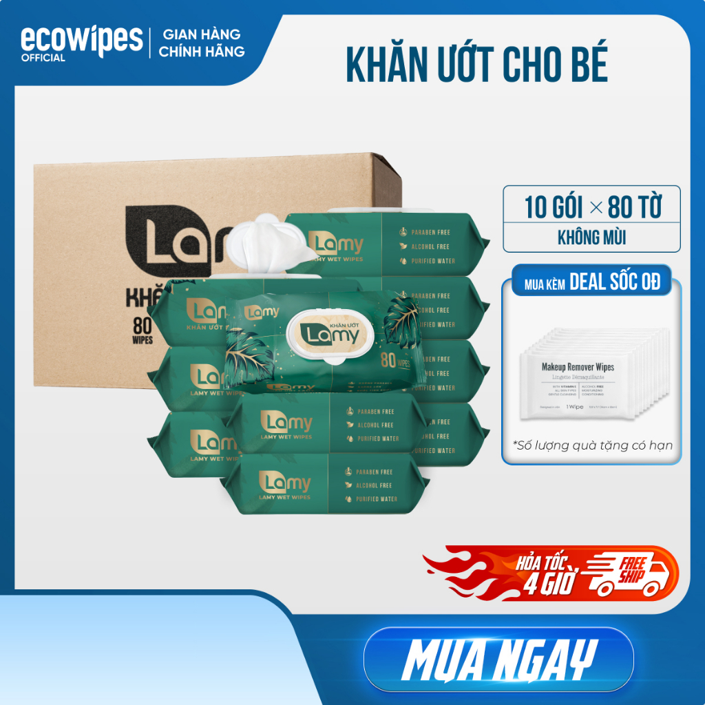 [ĐA KHO BẮC NAM] Thùng 10 gói khăn ướt Lamy không mùi không cồn không paraben an toàn cho bé
