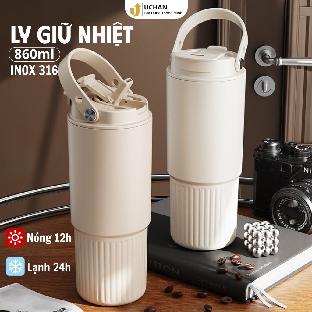 Ly giữ nhiệt Uchan cao cấp inox 316 Cốc giữ nhiệt 24h có ống hút lõi lọc 860ml LY10
