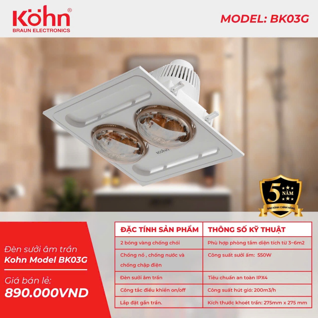 Đèn sưởi Âm trần 2 bóng nhà tắm Kohn BK03G / BK03GR - HÀNG CHÍNH HÃNG