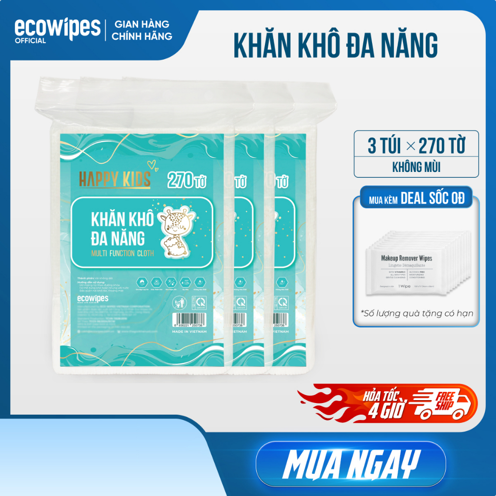 Combo 03 túi khăn vải khô đa năng Happy Kids túi 270 tờ không mùi