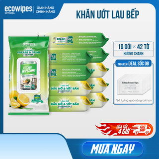  Thùng 3 5 10 gói khăn ướt lau bếp cao cấp Kitchen EcoWipes gói 42 tờ size lớn hương chanh khử mùi 