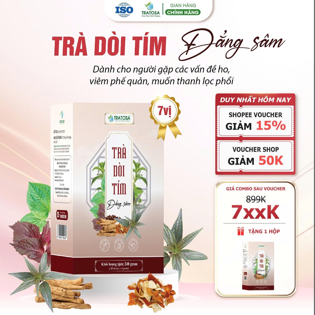 Trà Dòi Tím Đẳng Sâm TRATOSA 7 Vị thảo dược, thanh lọc phổi hoàn toàn từ thiên nhiên