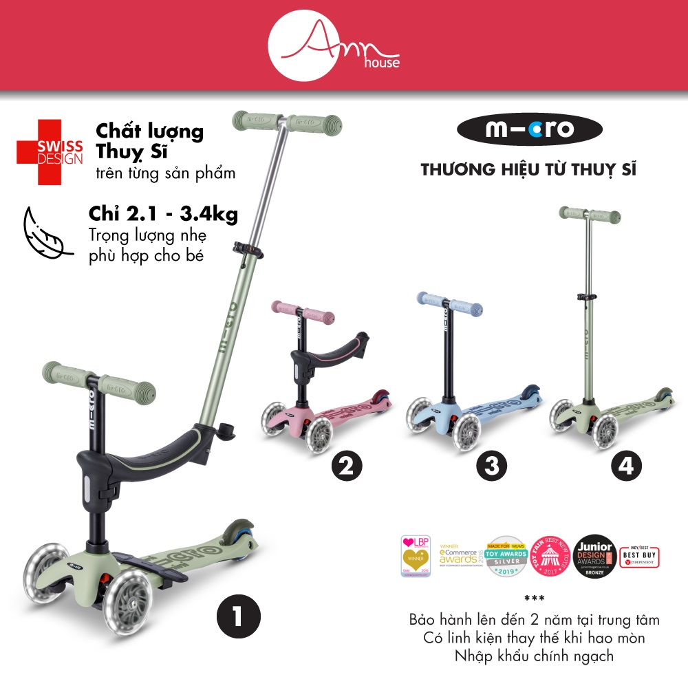 [Thuỵ Sĩ] - Xe trượt scooter Micro Mini2grow 4in1 -  Trẻ 1 đến 6 - Đa tính năng - Bảo hành 2 năm