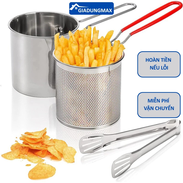 Nồi Chiên Ngập Dầu Mini Inox 304, Siêu Tiện Lợi Làm Đồ Ăn Vặt Cho Bé (Gà Rán, Xúc Xích, Khoai Tây)