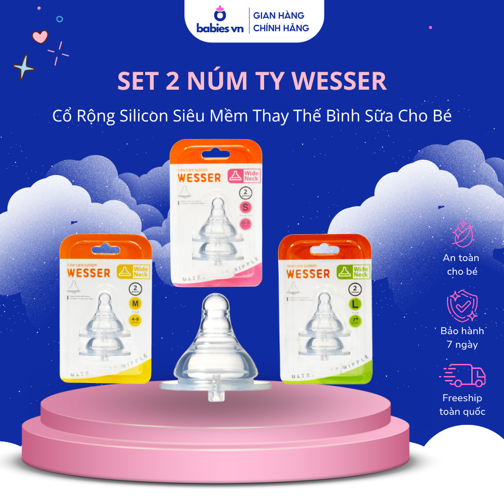 Set 2 Núm Ty Thay Thế Wesser Cổ Rộng Silicon Siêu Mềm Thay Thế Bình Sữa Cho Bé