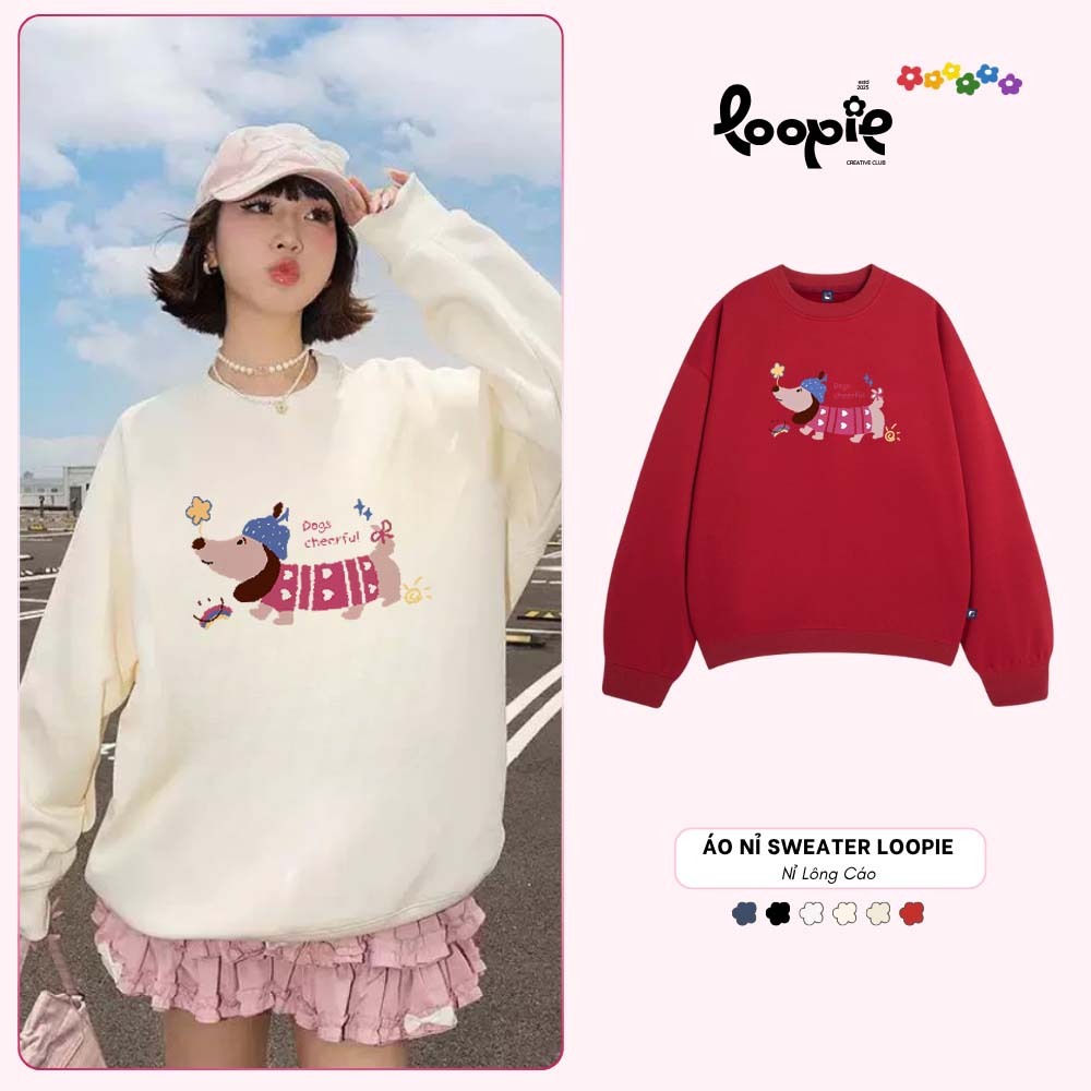 Áo Sweater Nỉ Lông Cáo In Hình DogsCheerful Loopie Club BST100 Unisex Form Rộng Mềm Mịn Dày Dặn Basi