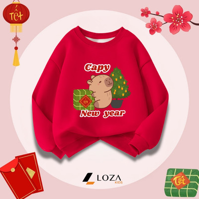 Áo nỉ đỏ sweater cho bé in hình Capybara Tết 2026 - Áo Tết cho bé size từ 18-42kg Loza Kids IN009