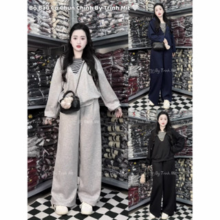   TRINH MIT  Bộ Bầu Dài Tay Áo Phối Kẻ Có Mũ & Quần Dài Dáng Suông Bộ Bầu Thu Đông Chất Umi Hàn Dày Dặn Mềm Mát 