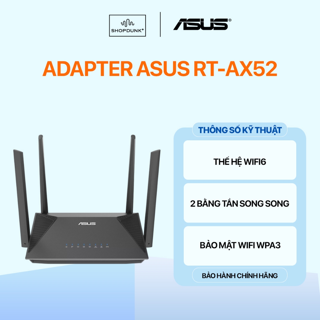 Bộ Phát Wifi Asus RT-AX52 WiFi 6 Tối Đa 2402 Mbps Chuẩn AX1800 AiMesh DUAL BAND Chính Hãng