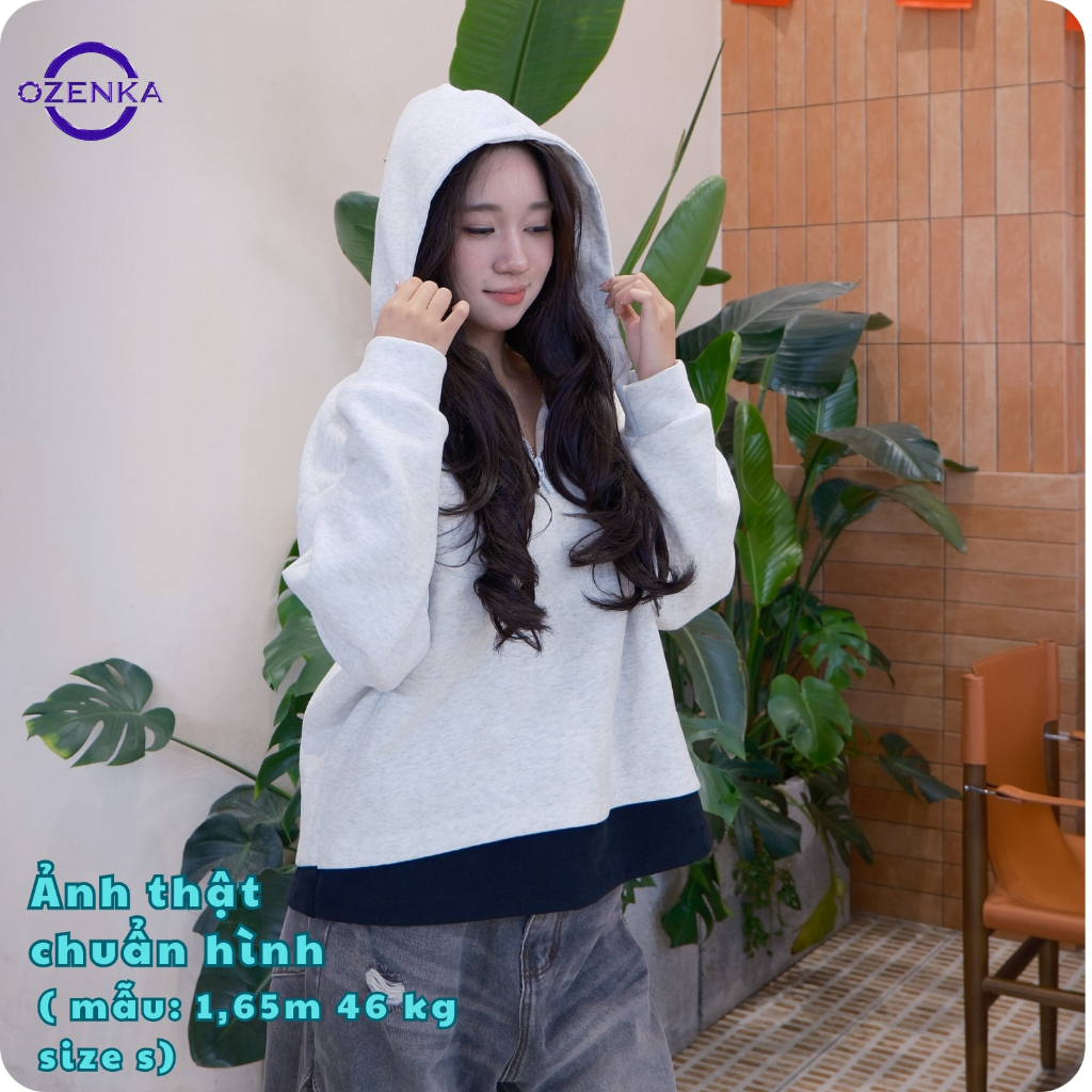 Áo Hoodie Nữ Có Mũ Khóa Kéo Form Rộng Nỉ 2 Da Ozenka – Áo Thu Đông dáng boxy Basic phối gấu phong cá