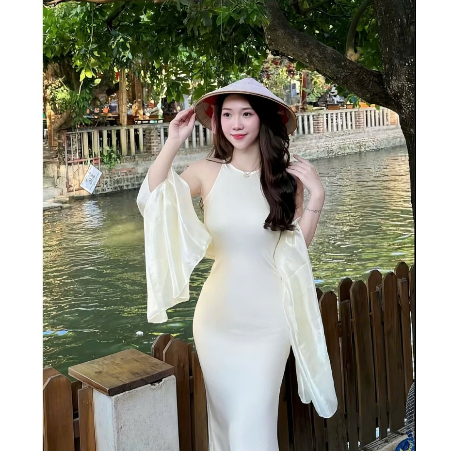 Đầm lụa dáng dài cổ yếm, Váy lụa Tô Châu dáng đuôi cá tôn body sang chảnh