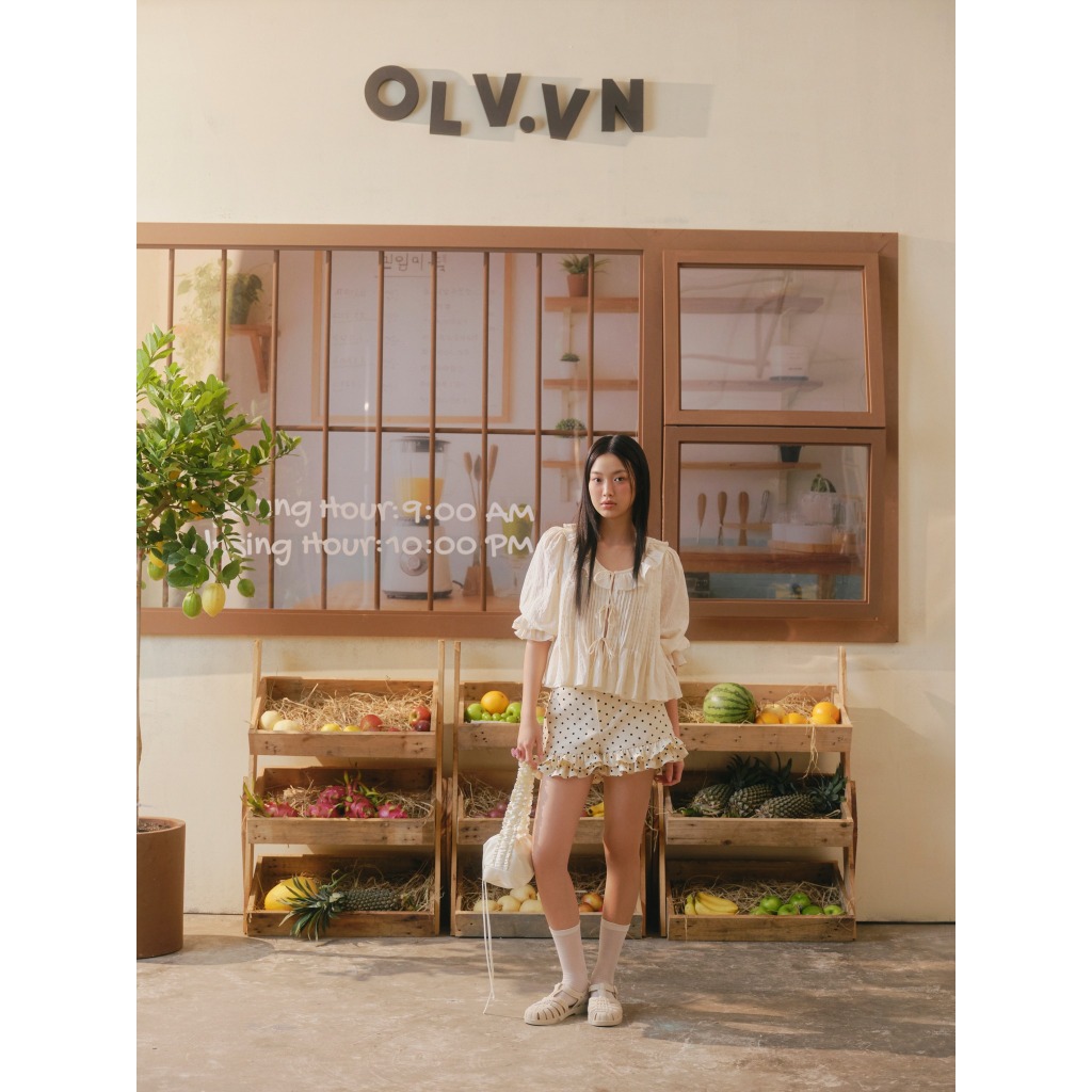 Áo babydoll tay lửng phối bèo Cotton Ruffled Tie Front Shirt dễ thương phù hợp đi chơi OLV | BigBuy360 - bigbuy360.vn