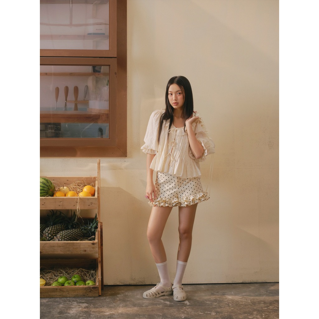 Áo babydoll tay lửng phối bèo Cotton Ruffled Tie Front Shirt dễ thương phù hợp đi chơi OLV | BigBuy360 - bigbuy360.vn