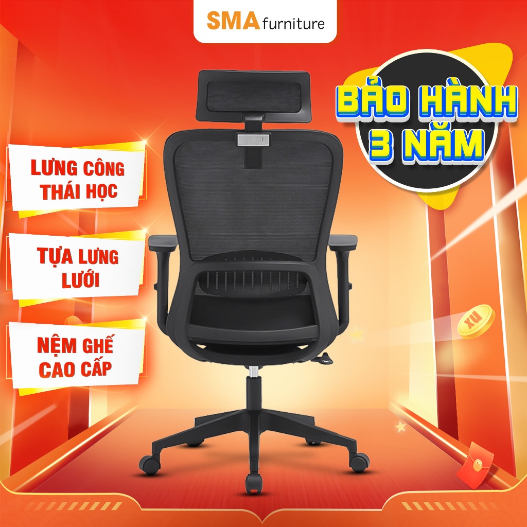 Ghế công thái học SMA Furniture SMA SIMPLE, tựa lưng 2D, ngả ghế 120 độ, bảo hành 3 năm