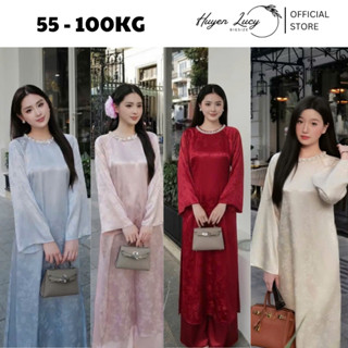   BST TẾT 2026  ÁO DÀI UYỂN CHI cách tân dáng suông tay loe cổ đính kết đá hai tà chất liệu lụa gấm HuyềnLucy Bigsize 