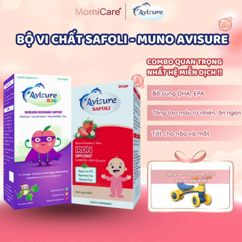 Bộ đôi Avisure Safoli hữu cơ - Muno Sắt Kẽm Lysin Thymomodulin.