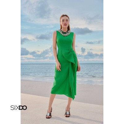 Đầm xanh lá sát nách phối eo SIXDO (Green Linen Sarong Dress)