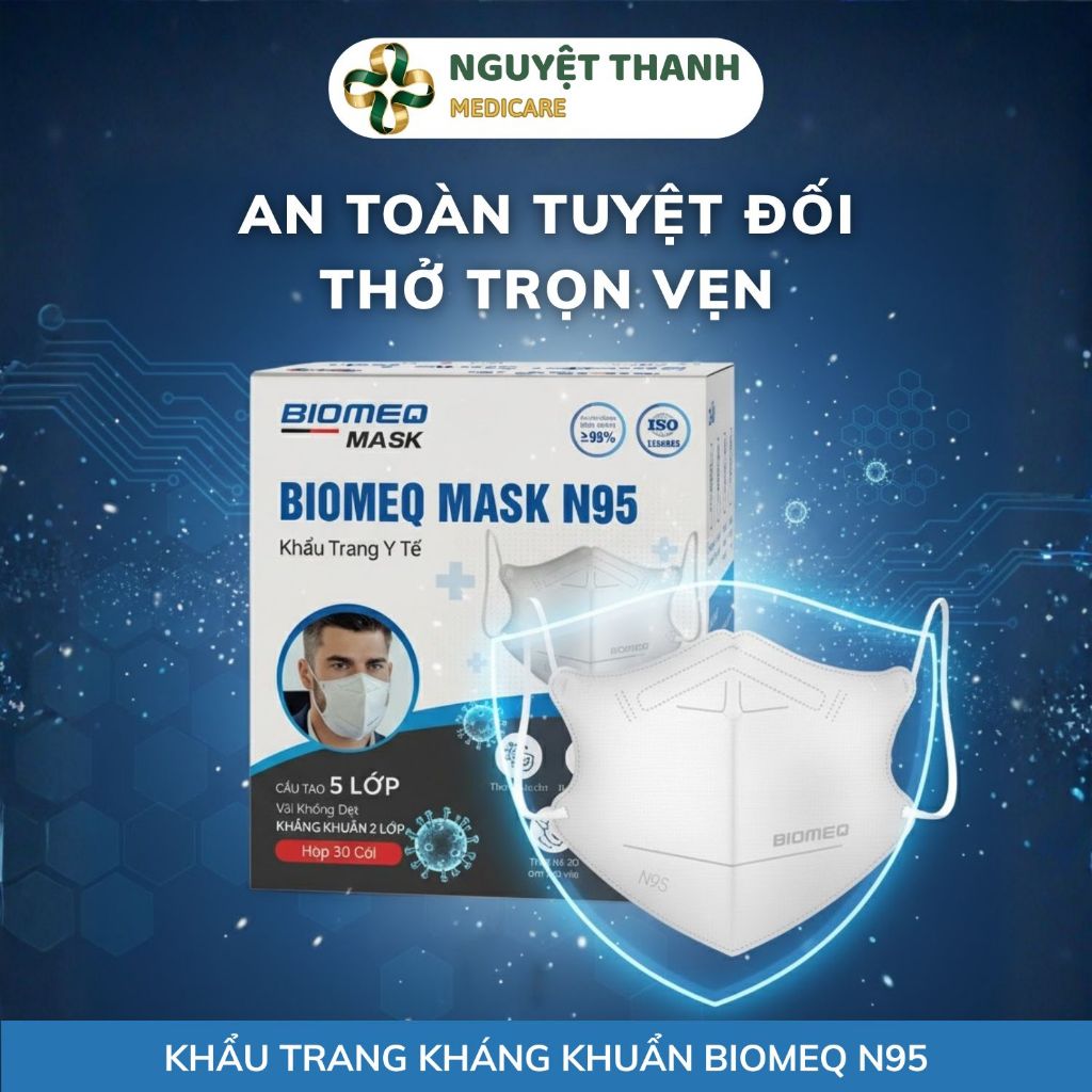 Khẩu trang BIOMEQ Mask N95 bảo hộ y tế 5 lớp kháng khuẩn BFE > 95% lọc bụi mịn PM2.5 trắng, 30 cái