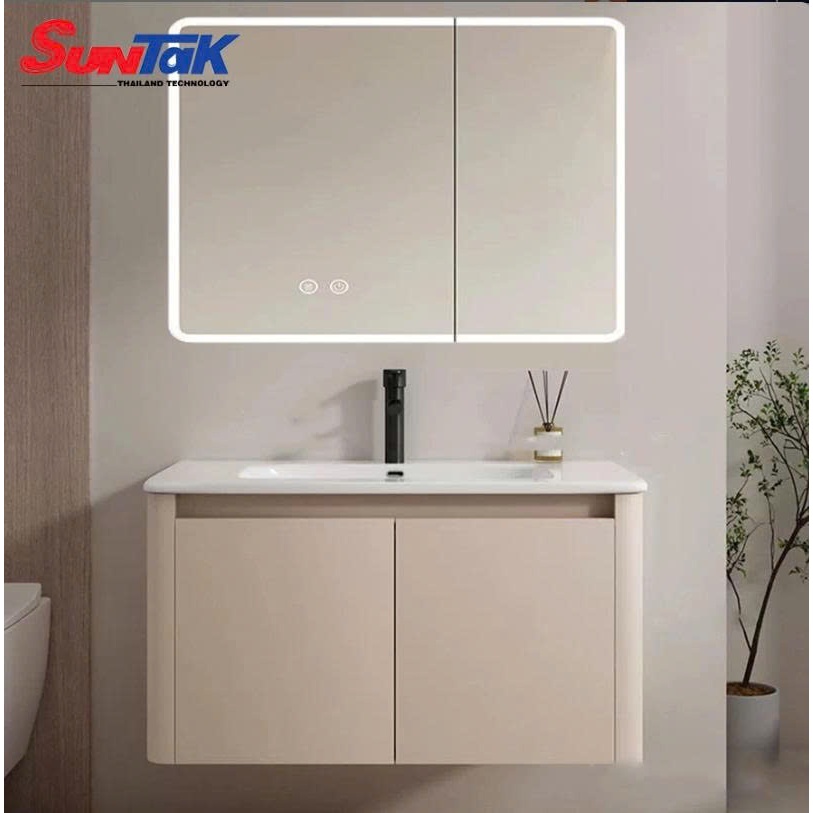 Tủ Lavabo Nhà Tắm Nhôm Màu Kem Gương LED 2 Chế Độ