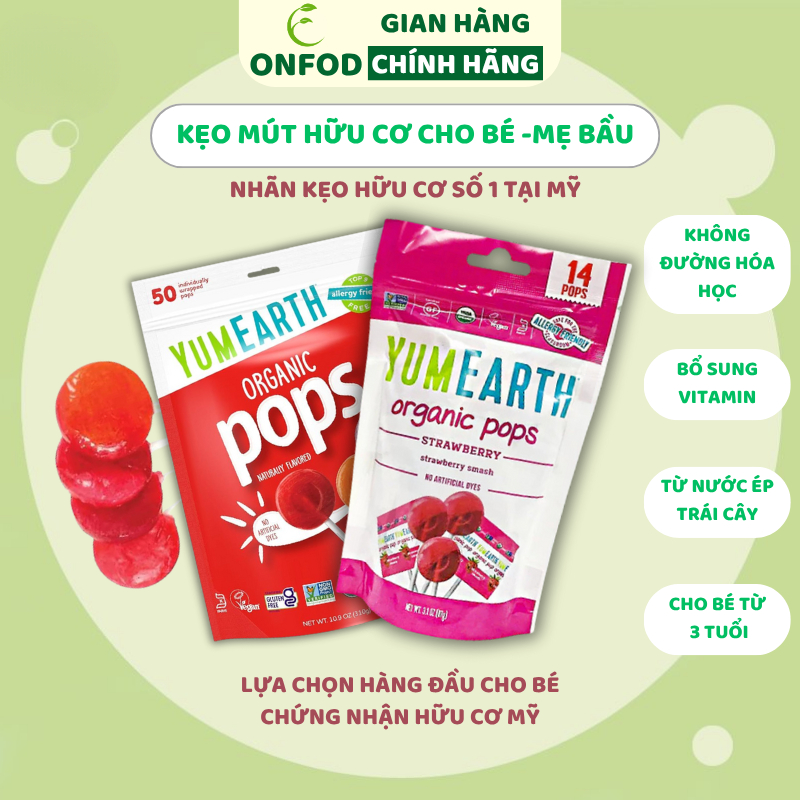 Kẹo mút hữu cơ cho bé Yumearth ONFOD 4 hương vị trái cây không đường 14 chiếc