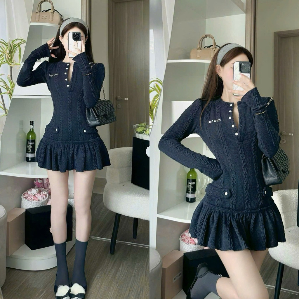 (Tặng Kèm Quần): Váy Len Thừng Xanh Than Dài Tay Cổ Tròn Phối Cúc Thêu Ngực MiuMiu Chân Xòe + Quần Bảo Hộ Rời LOLLAYE | BigBuy360 - bigbuy360.vn