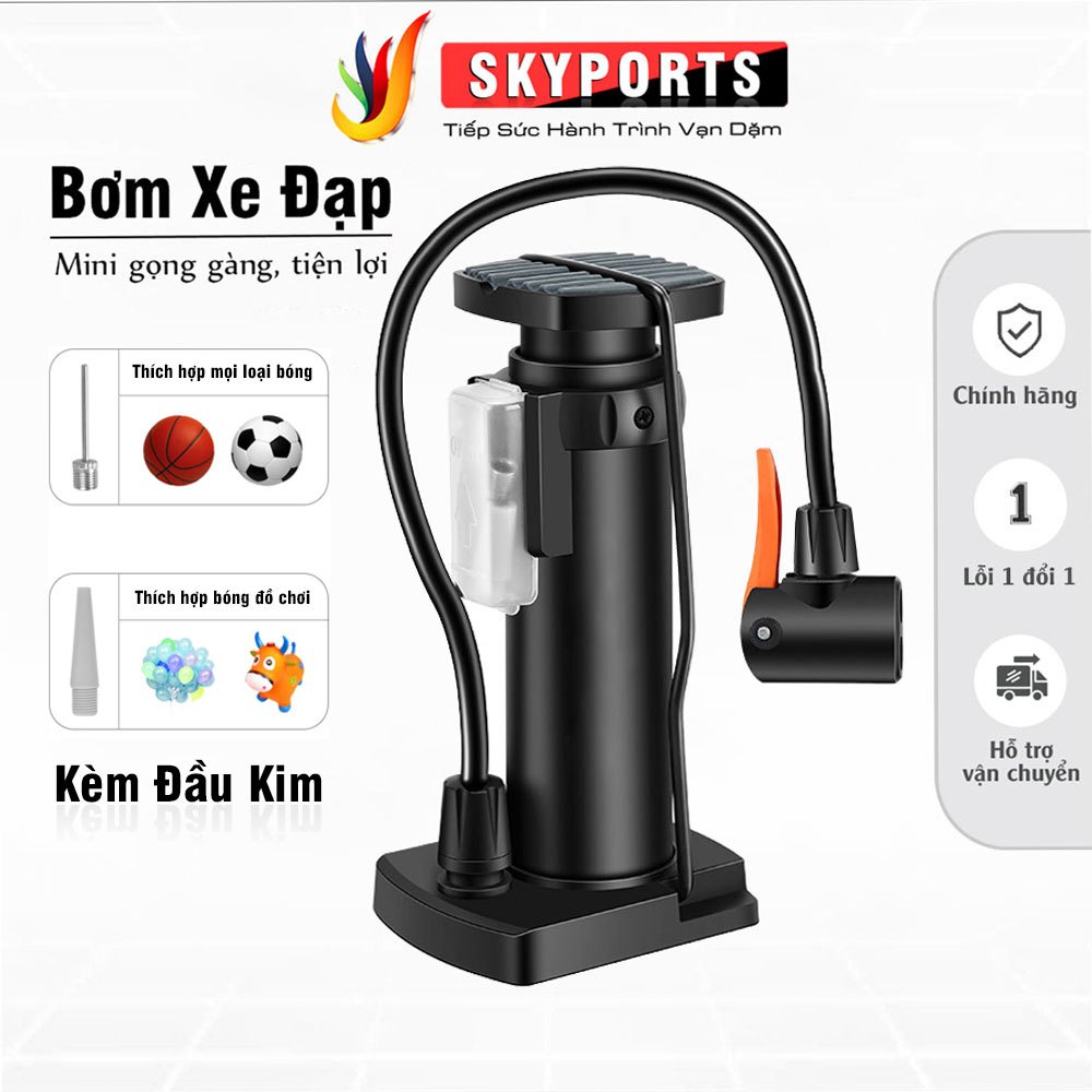 Bơm xe đạp mini bằng chân gọn gàng, Bơm xe đạp gấp gọn tiện dụng hợp kim nhôm cao cấp áp suất 110psi