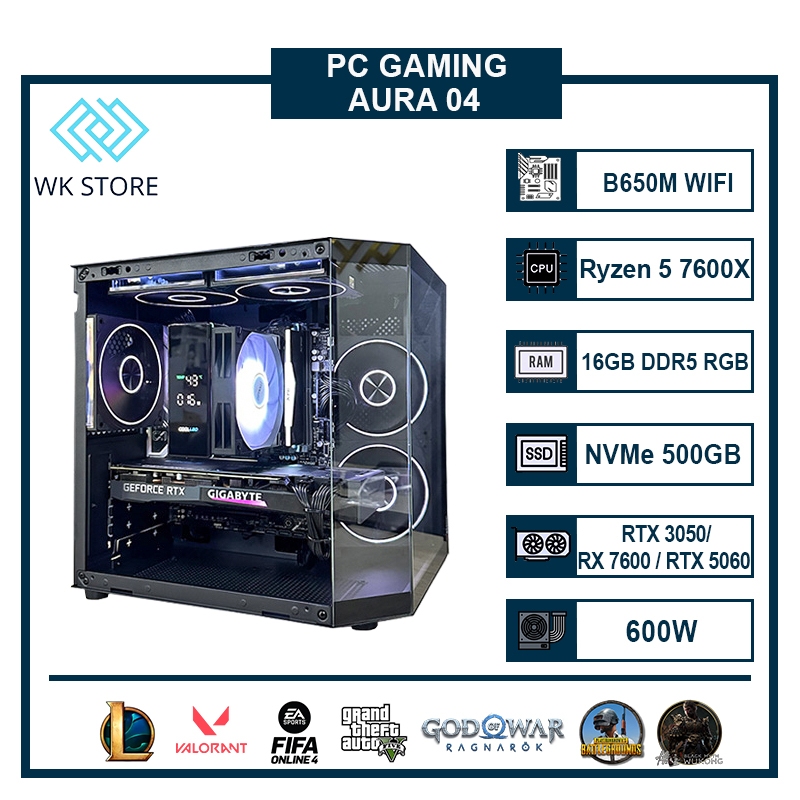 Thùng PC AURA 04 | Ryzen 5 7600X, 16GB Ram | VGA RTX 3050/ RX 7600/ RTX 5060 Mới BH 36T