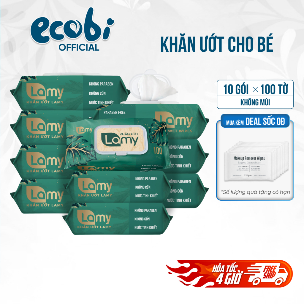 (CÓ QUÀ TẶNG) Thùng 10 gói khăn ướt Lamy 100 tờ không cồn không parabens cao cấp dành cho gia đình