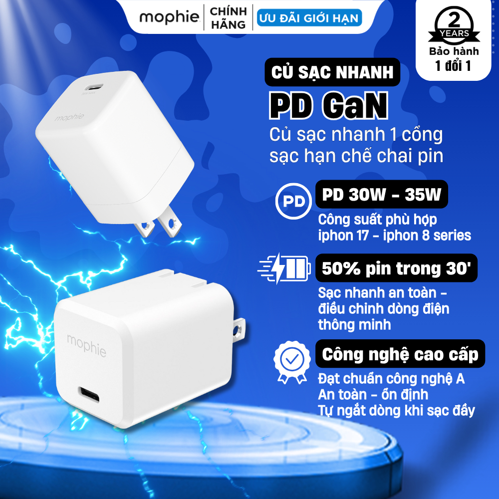  30W 35W 40W  Mophie Sạc 30 35 40w nhanh GaN Essentials dành cho iphone 17 16 15 đến ip 6 series - Bảo hành 24 tháng 
