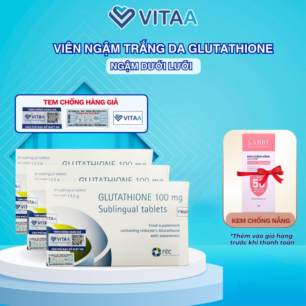 COMBO 3 HỘP Viên Ngậm Trắng Da GLUTATHIONE 100mg SUBLINGUAL TABLETS Nhập Nhẩu Italy