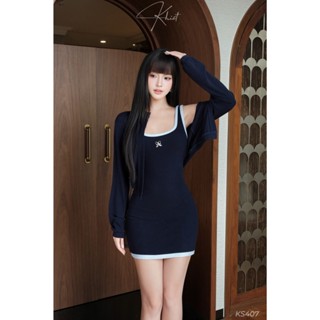  Set đầm ôm thun xanh đen Khiết phối áo khoác cardigan phong cách năng động trẻ trung KS407 