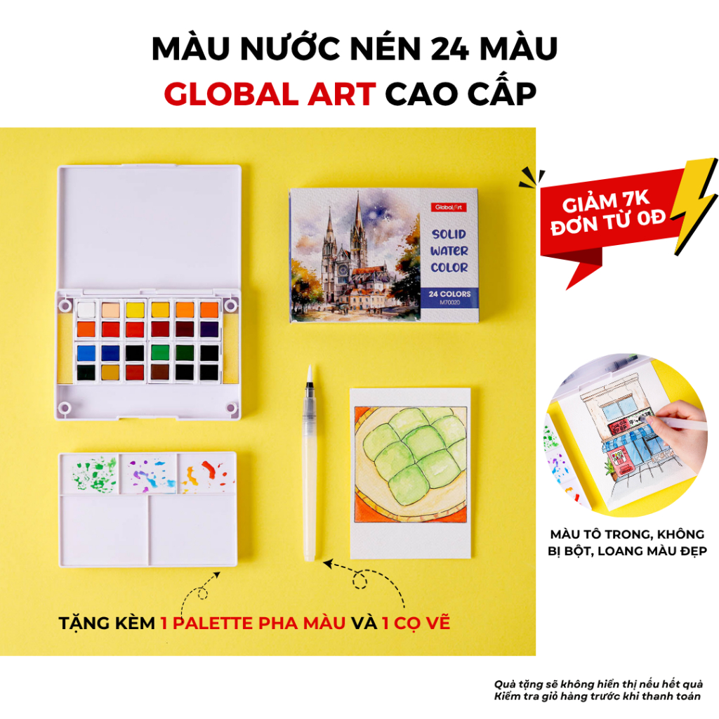 [Kèm Cọ+ Palette] Màu Nước Cao Cấp GLOBAL ART Dạng Nén 24/ 36 Màu Trong Không Bị Bột, Loang Màu Tốt 